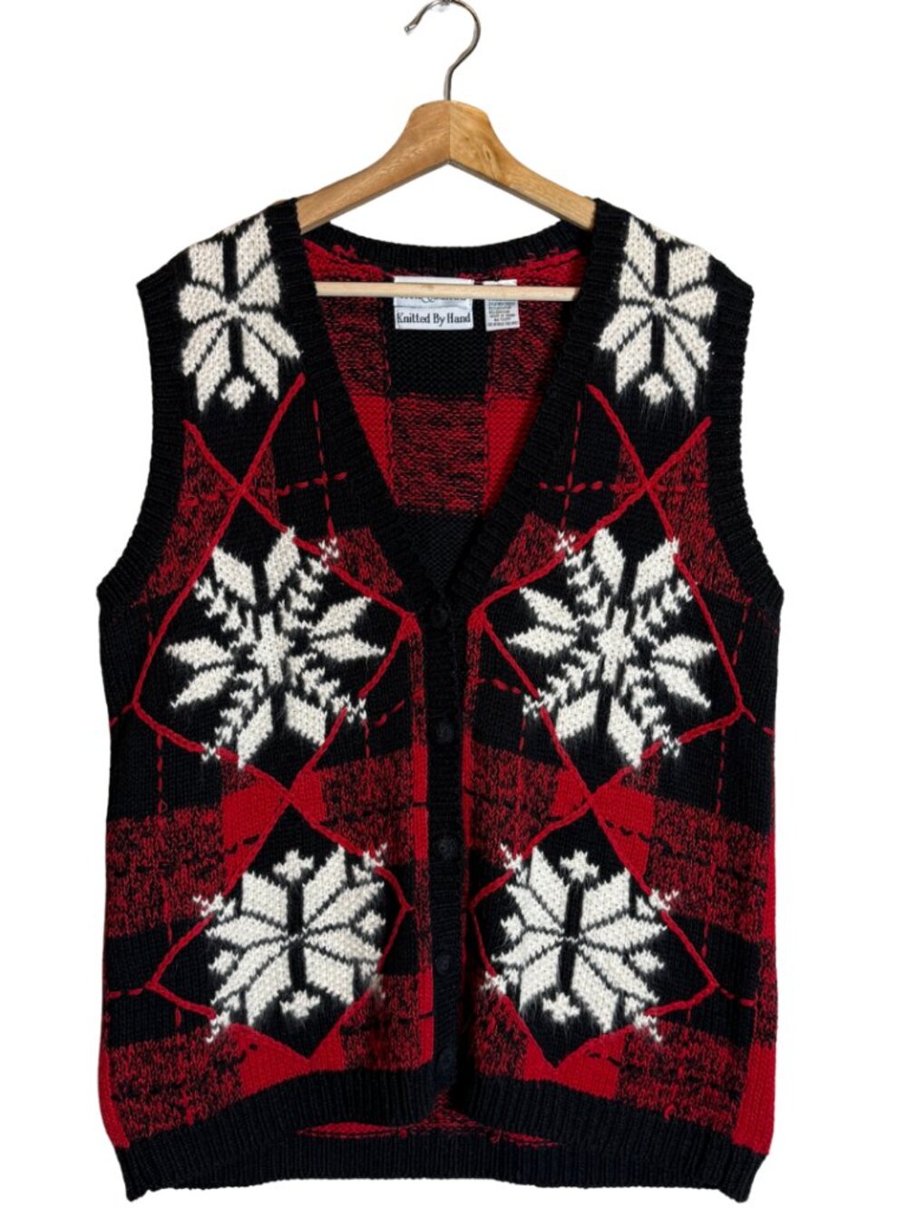 Vintage Handknit Snowflake Holiday Sweater Vest Women's XL Red Christmas Plaid